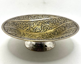 Vintage Ornate Floral Brass Metal Pedestal Bowl Trinket Dish Catch All  Made In India