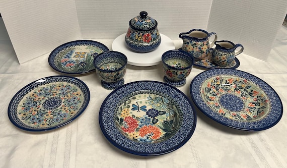 Handmade Polish Pottery Set: M Starzyk Unikat Vintage Plates, Bowls, Cups