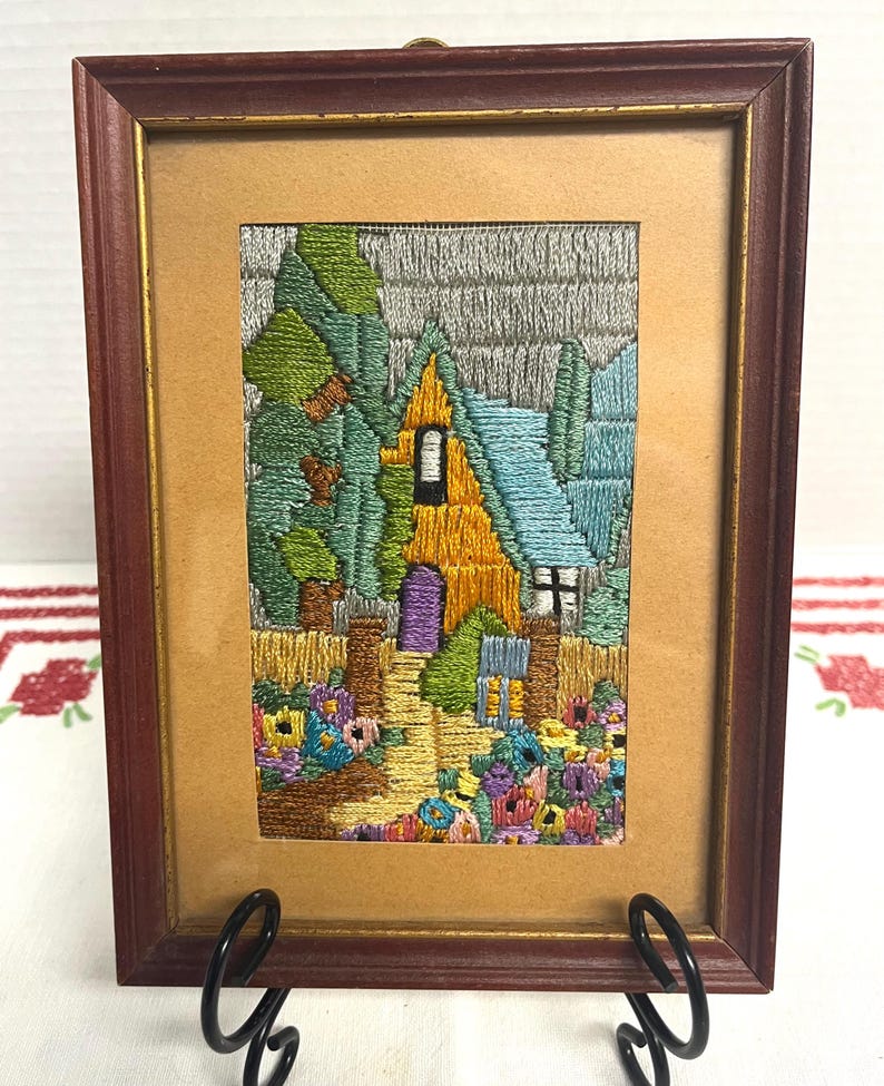 Petit Point Silk Needlepoint Completed English Cottage Garden Small Framed, vintage wall art
