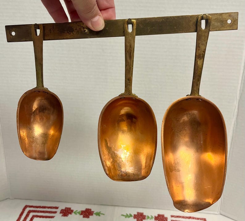 Vintage 4 Piece Copper And Brass Handles Hanging Scoops , French Country, Farmhouse, Kitchen Decor, vintage brass decor