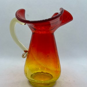 Vintage Blenko Amberina Red Ombré Crackle Glass Pitcher Creamer MCM Hand Blown