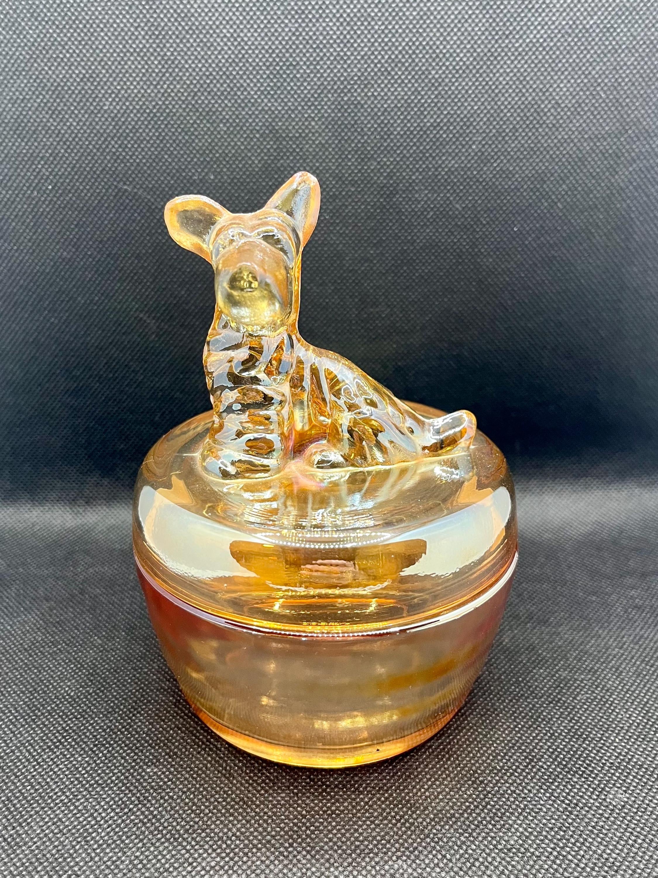 Vintage Jeannette Glass Scotty dog trinket dish powder jar marigold iridescent carnival glass