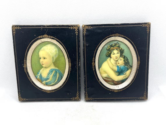 Antique Grand Tour souvenir portrait miniatures reproduction prints of famous historical masterworks pair of 2