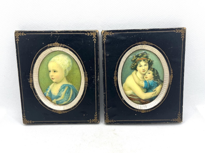 Antique Grand Tour souvenir portrait miniatures reproduction prints of famous historical masterworks pair of 2, vintage wall art