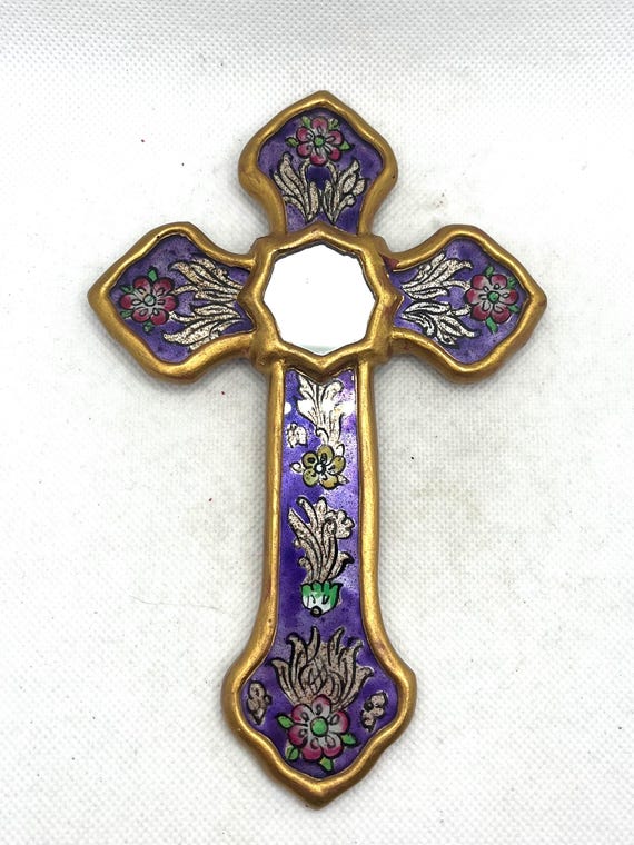 Purple Enamel Floral Cross Wall Hanging Mirror Inlay Metal Christian Decor