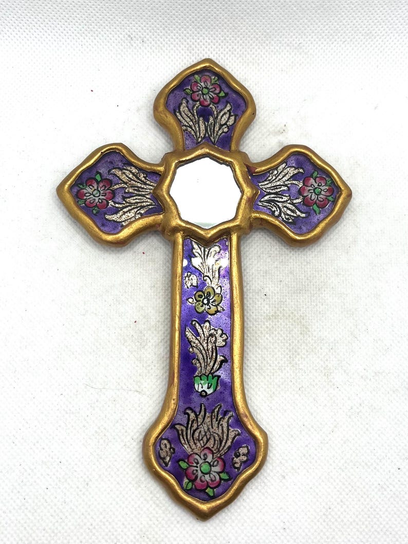 Purple Enamel Floral Cross Wall Hanging Mirror Inlay Metal Christian Decor, vintage wall art