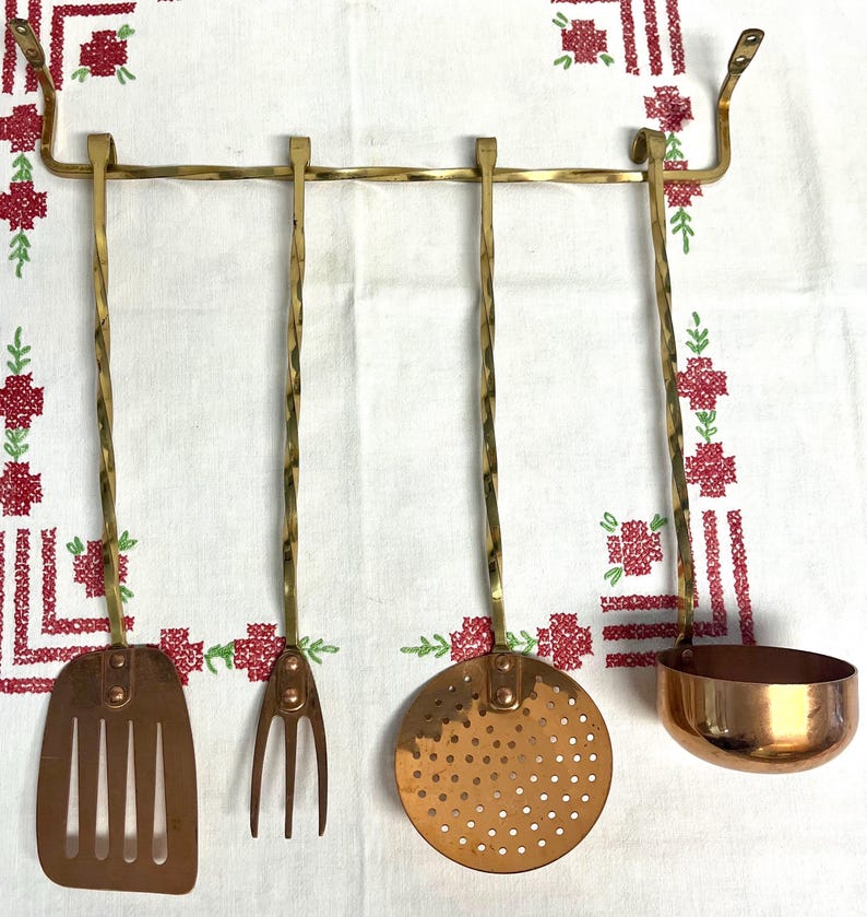 Vintage Copper And Brass Hanging Kitchen Cooking Utensils Wall Decor, vintage wall art
