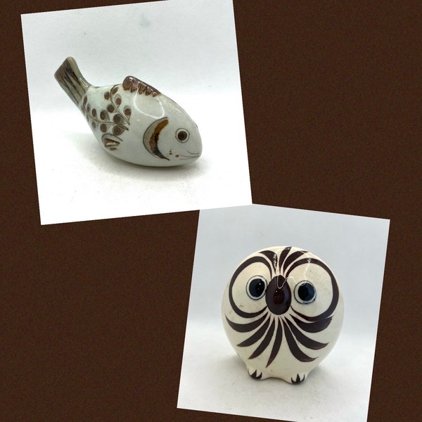 Tonala Mexican Pottery Hand Painted Brown Owl Or Ken Edwards Signed Fish Figurine Folk Art