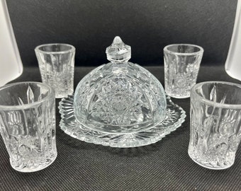 Antique Indiana Glass Oval Star Child's Butter Dish & Water Glasses Play Set