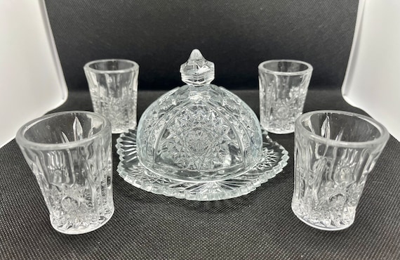 Antique Indiana Glass Oval Star Child's Butter Dish & Water Glasses Play Set