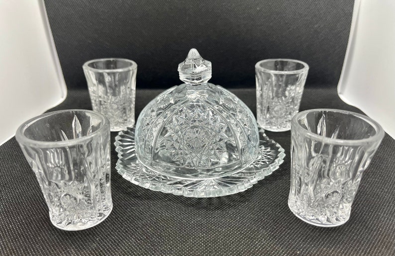 Antique Indiana Glass Oval Star Child's Butter Dish & Water Glasses Play Set, vintage glassware from the 1910s