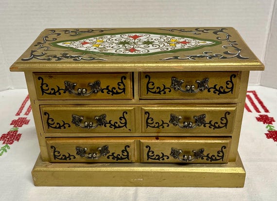 Vintage Italian Style Gold Florentine Jewelry Box  Chest Fabric Lined