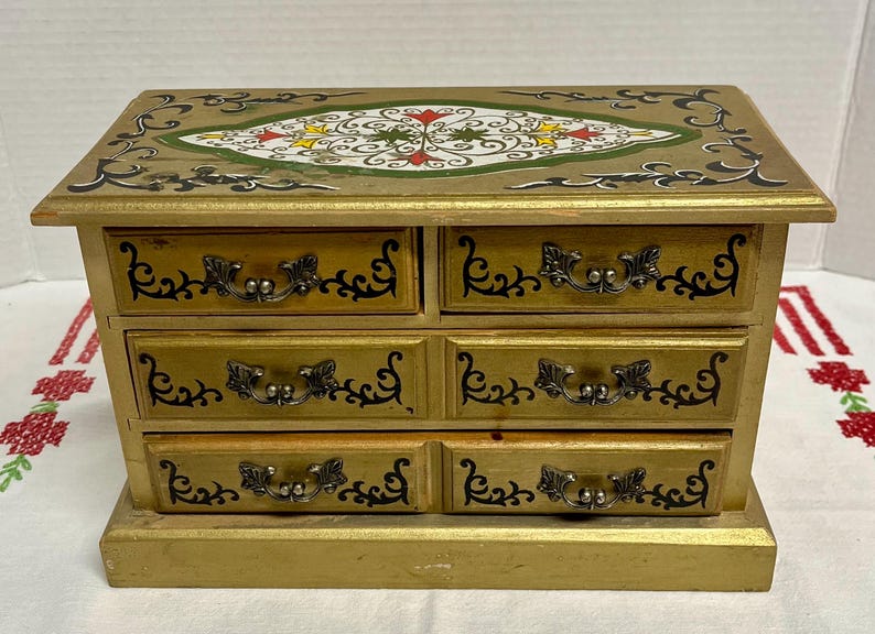 Vintage Italian Style Gold Florentine Jewelry Box Chest Fabric Lined, vintage trinket box from the 1960s