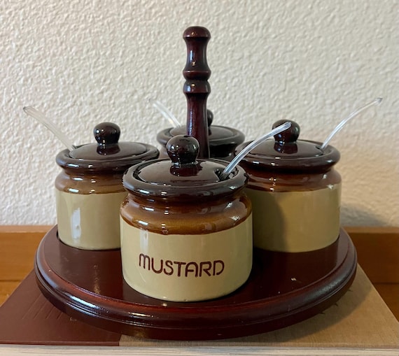 Vintage Stoneware Crock Condiment Set with Wooden Lazy Susan