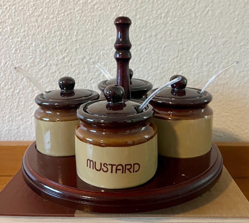 Vintage Stoneware Crock Condiment Set with Wooden Lazy Susan, vintage pottery
