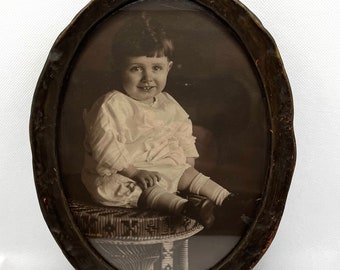 Antique Oval Framed Baby Boy On Wicker Stool Photo Sepia Tone Photography