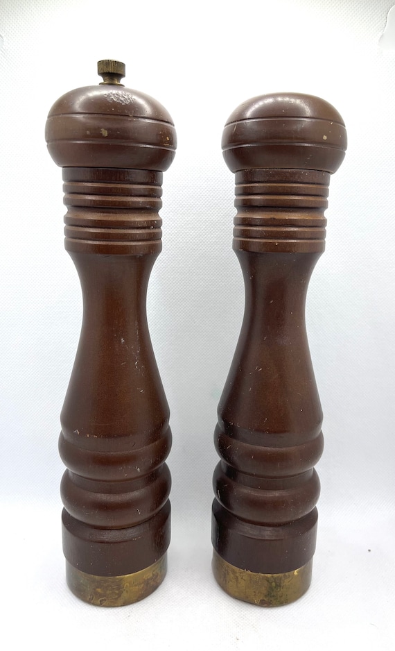 Vintage Wood And Brass Salt Shaker Pepper Grinder Made In Japan 10” MCM, Vintage Kitchen Table Decor, Farmhouse, Boho, Cottage Core