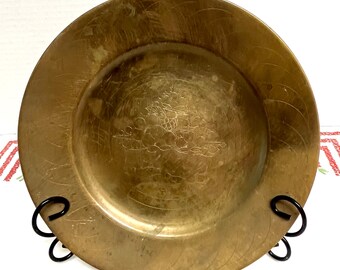 Vintage mid century solid brass plate etched floral & bird designs and starburst rim Korea