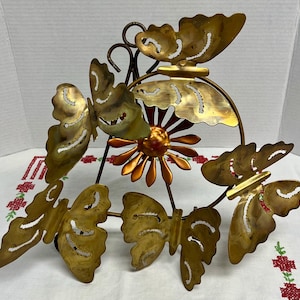 Mid Century Copper and Brass Butterflies and Flowers Wall Art
