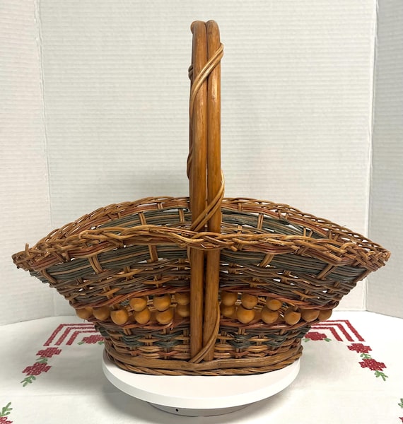 Vintage 70’s Wicker Rattan Woven Gathering Basket Wooden Beads With Handle And Wooden Base