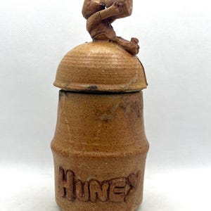 Vintage Handmade Pottery Stoneware Lidded Honey Pot Honey Bear , Signed 1978