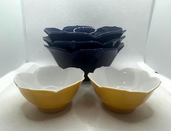 Vintage Porcelain Lotus Bowl Set of 5 ; cobalt blue & yellow white porcelain with scalloped edge, rice bowls