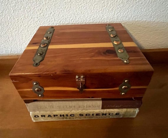 Vintage Cedar Wood Chest , Storage Box , Brass & Copper Detail , Hinged Lock Box