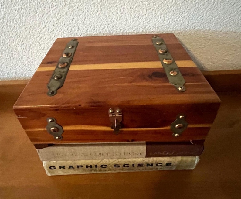 Vintage Cedar Wood Chest , Storage Box , Brass & Copper Detail , Hinged Lock Box, vintage trinket box