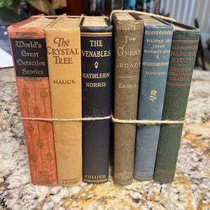 May include: A stack of six vintage hardcover books tied together with twine. The spines feature titles including World's Great Detective Stories, The Crystal Tree, The Venables, The Great Legacy, Works of John Burroughs, and Cummings's Nature Study.