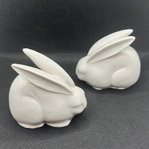 May include: Two white ceramic rabbit ornaments. The rabbits are depicted in a seated pose with their ears erect. The ornaments have a smooth, glossy finish and are set against a dark background. These decorative bunnies are ideal for Easter or spring decor.