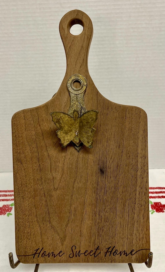Upcycled Small Wooden Bread Cutting Board Home Sweet Home With Vintage Brass Butterfly Clip