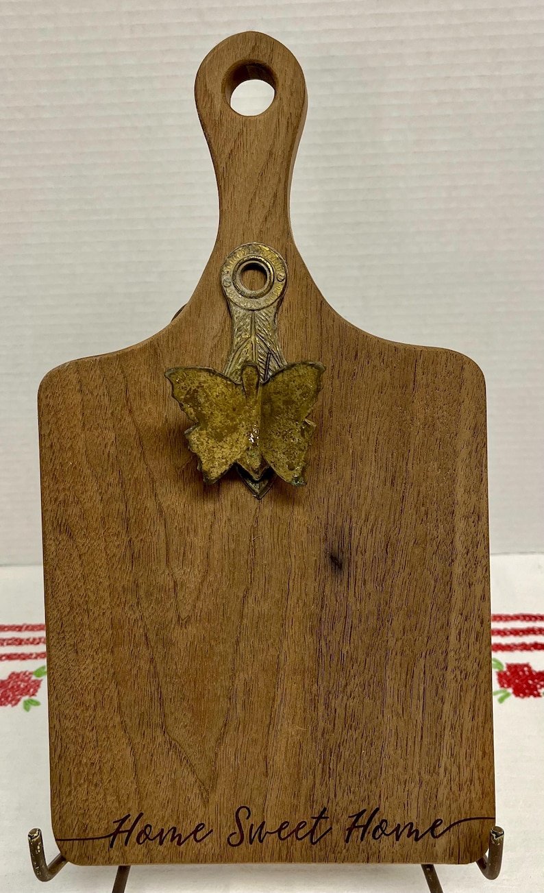 Upcycled Small Wooden Bread Cutting Board Home Sweet Home With Vintage Brass Butterfly Clip, vintage brass decor