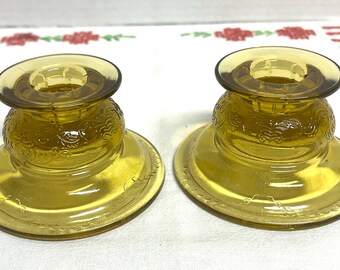 Federal Glass Company Madrid pattern Amber glass candlesticks pair of 2 , depression glass