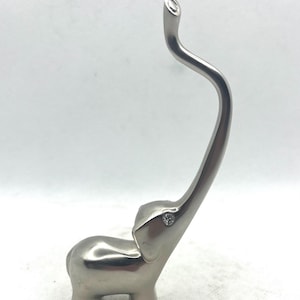 Vintage Silver Chrome Metal Long Trunk Elephant Ring Holder Rinestone Eyes ,  4.5” tall , Jewelry Display , Vanity Dresser Decor