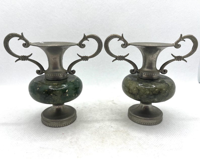 Vintage Miniature Green Onyx Or Alabaster Amphora Style Trophy Vases Set of 2, vintage vase