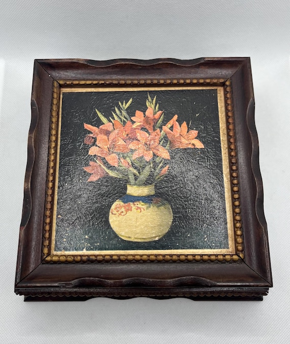 Vintage Ornate Wooden Mirrored Jewelry , Storage , Trinket , Decorative Box With Floral Art