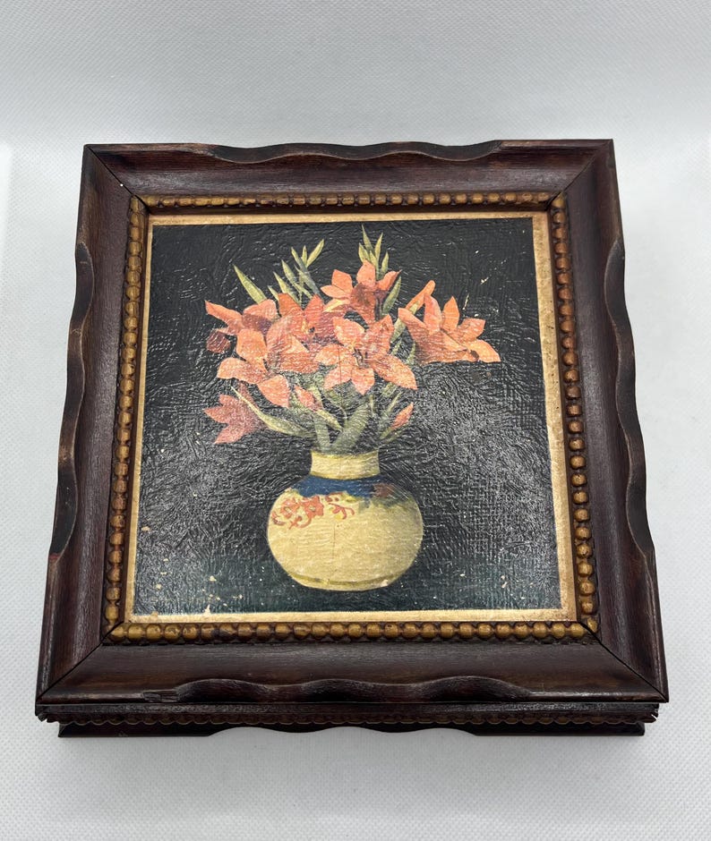 Vintage Ornate Wooden Mirrored Jewelry , Storage , Trinket , Decorative Box With Floral Art, vintage trinket box