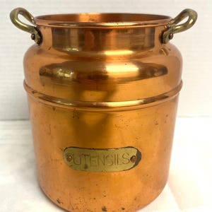 Vintage Taurus Portugal copper with brass accents utensil holder , large kitchen pot