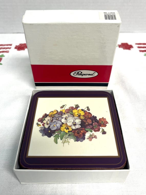 Set of 6 Pimpernel Pansies Floral Coasters In Original Box , Cork Backing , Made In England