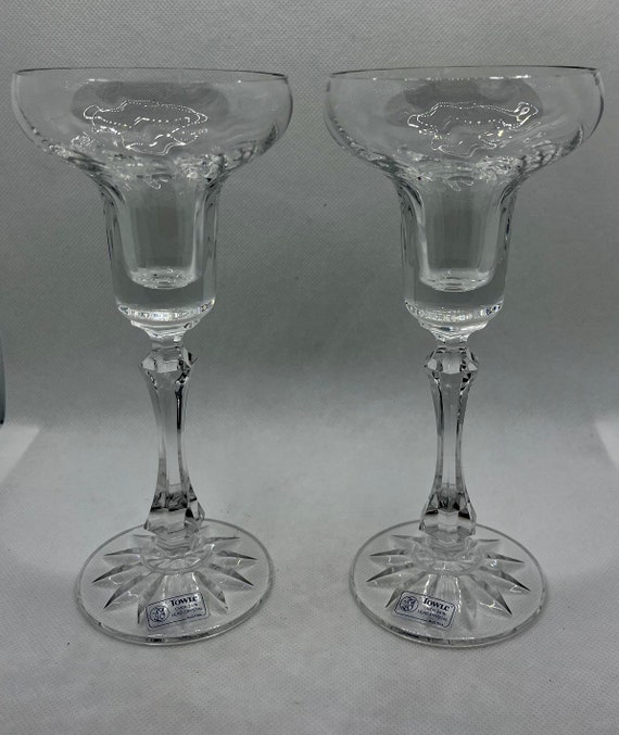 Vintage pair of Towle 24% lead crystal candlestick holders Atomic Starburst cut on base flared top , wedding decor , Valentines gift
