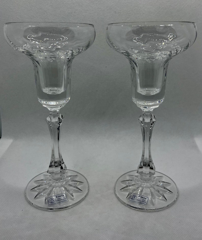 Vintage pair of Towle 24% lead crystal candlestick holders Atomic Starburst cut on base flared top , wedding decor , Valentines gift, vintage candle holder