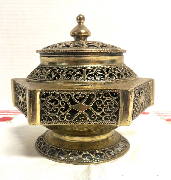 Buddhism Ornate Brass Filigree Lidded Incense Burner Holder Openwork Design