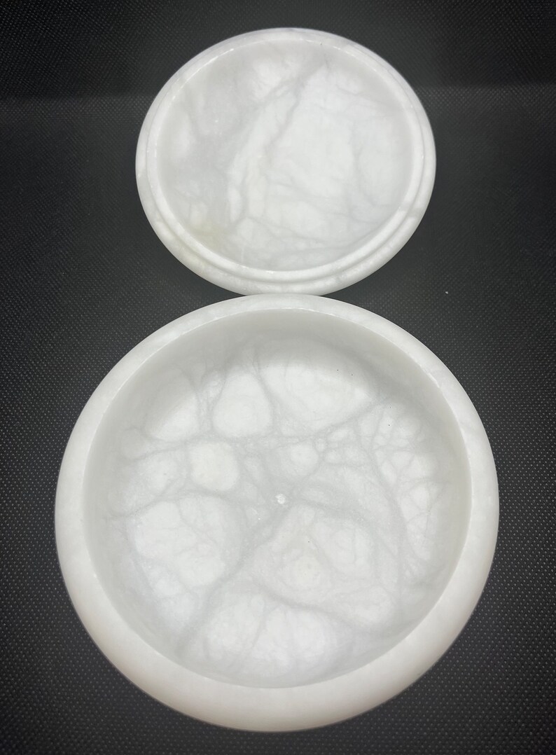 Genuine White Alabaster Hand Carved in Italy Trinket Box With Lid