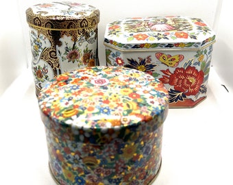 Tin Box Co. Designed By Damer NY Made In England Vintage Floral Tins Set Of 3 Varying Shapes and Sizes