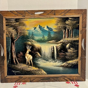 Mid-Century Black Velvet Oil Painting: Deer Waterfall Landscape, Signed