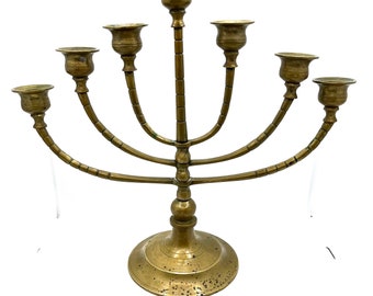 Antique Solid Brass Large Menorah Candle Holder 7 Branch Judaica Round Base