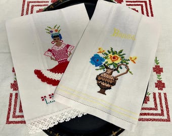 Vintage Hand Embroidered Cross Stitch Linen Tea Towels , Brazil Folk Art ,  Basket of Flowers