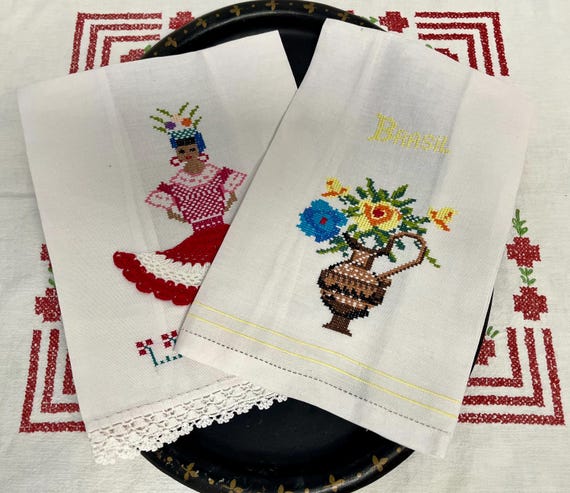 Vintage Hand Embroidered Cross Stitch Linen Tea Towels , Brazil Folk Art ,  Basket of Flowers