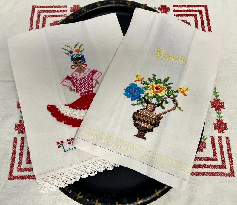 Vintage Hand Embroidered Cross Stitch Linen Tea Towels , Brazil Folk Art , Basket of Flowers, vintage basket
