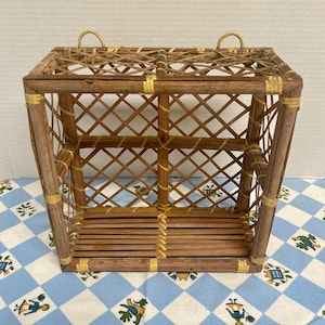 Vintage Mid Century Bamboo Rattan Two Tiered Small Wall Hanging Or Tabletop Accent Shelf , Boho Decor
